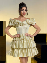 Elegant, Sexy, Romantic, Gold Glitter, Organza, One Shoulder, Three-Dimensional Pleats, Cake Skirt, Christmas Party Prom Dress